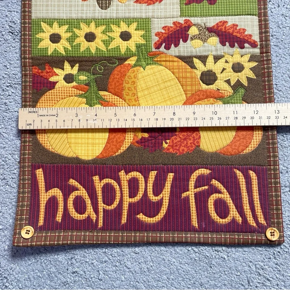 Happy Fall 36x13 Table Runner, Pumpkins, Leaves, Corn, Sunflowers, Hanging